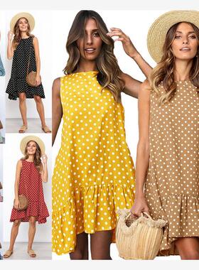 9546#速卖通2020亚马逊爆款圆领无袖波点宽松大摆荷叶边连衣裙