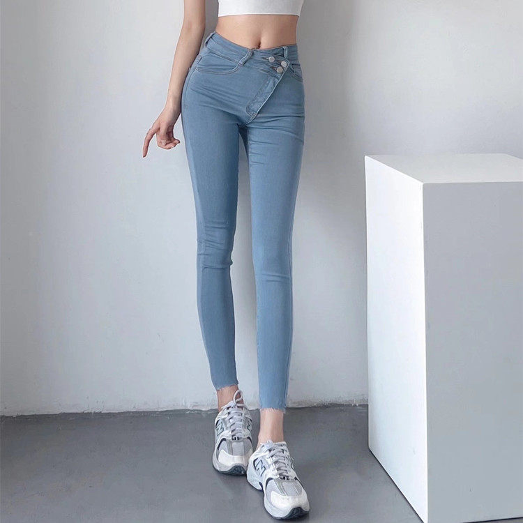 欧美风高腰双斜腰头紧身包臀牛仔裤女春秋季纯色小脚九分裤铅笔裤