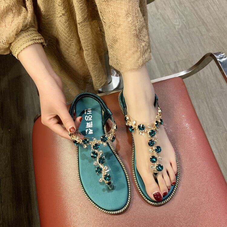 Bohemian diamond women beach shoes flat sandals水钻平跟凉鞋