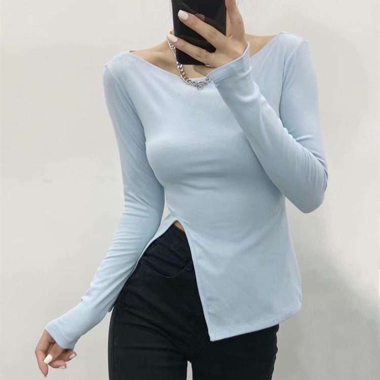 欧美风修身显瘦圆领长袖t