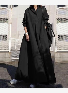 日系宽松大码胖mm衬衫裙2022春夏POLO领长袖拖地裙大摆长裙连衣裙