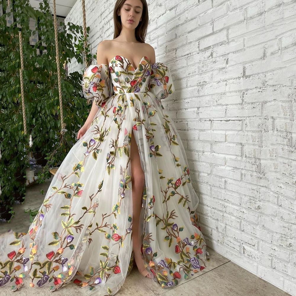 欧美一字肩抹胸开叉绣花气质网纱连衣裙女Party Evening Dress