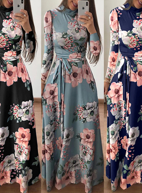 2020亚马逊ebay秋冬新款速卖通印花绑带长裙连衣裙欧美女装长袖