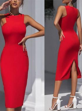 Women sexy sleeveless dress 新款红色无袖连衣裙修身性感