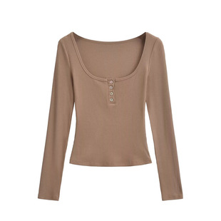 欧美修身显瘦短款U领长袖T恤女春秋季纯色纽扣开襟螺纹内搭打底衫