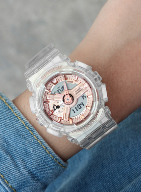 卡西欧手表女GSHOCK透明时尚玫瑰金运动石英电子表GMA-110SR/S120