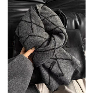灰色围巾女冬季2025新款女生加厚羊毛混纺格子双面高级感女士围脖
