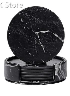 Coasters 适用于 Drinks 6-Piece with Holder,Marble Black Roun