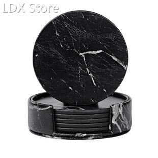 Coasters 适用于 Drinks 6-Piece with Holder,Marble Black Roun