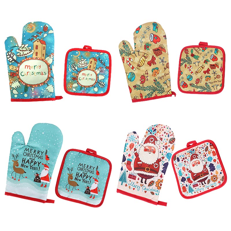 2pcs/set Christmas Baking Anti-Gloves Pad Oven Dining BBQ