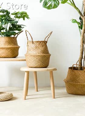 Handmade Bamboo Storage Baskets Foldable Laundry Straw Patch