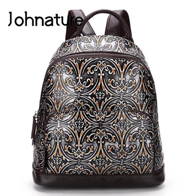 Johnature Retro Mini Backpack Handmade Embossing Shoulder B