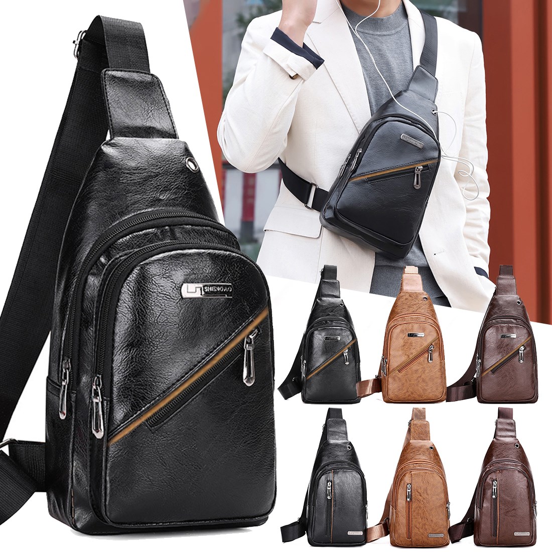 Men USB Charging Bags Men's Chest Bag PU Shoulder Bag Sling