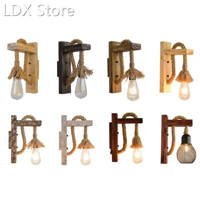 E27 American Style Pastoral Hemp Rope Vintage Wooden Wall La
