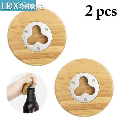 2Pcs/Set Bottle Openers Wooden Round Stainless Steel