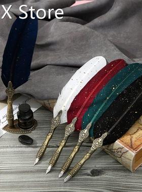 Retro Calligraphy Feather Dip Pen with 2 Nib Set Quill Fount