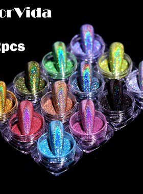 FlorVida 12pcs Kit Holographic Glitter Mirror Powder Nail A