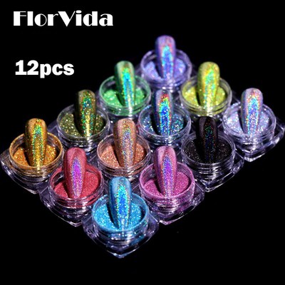 FlorVida 12pcs Kit Holographic Glitter Mirror Powder Nail A