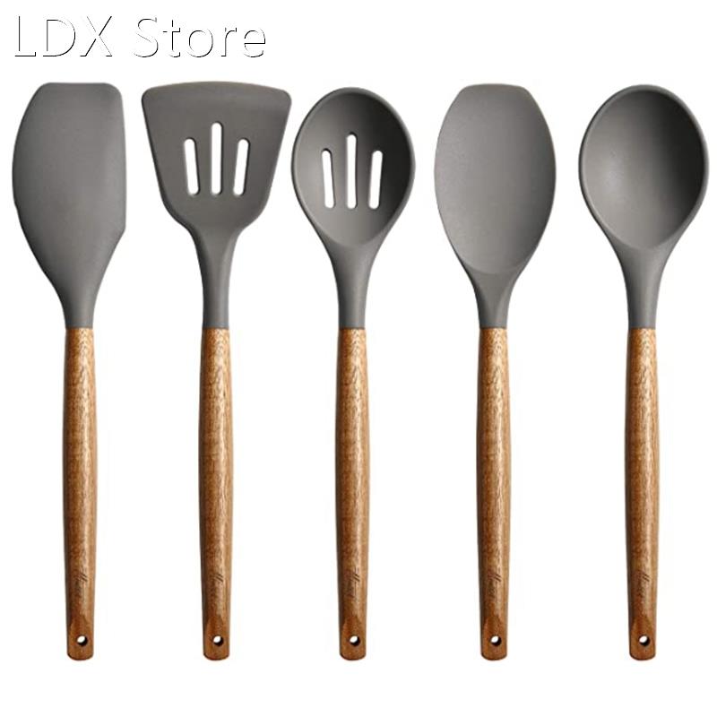 Set of 5 Silicone Cookware Set, Wooden Handle Spatula, Spoon