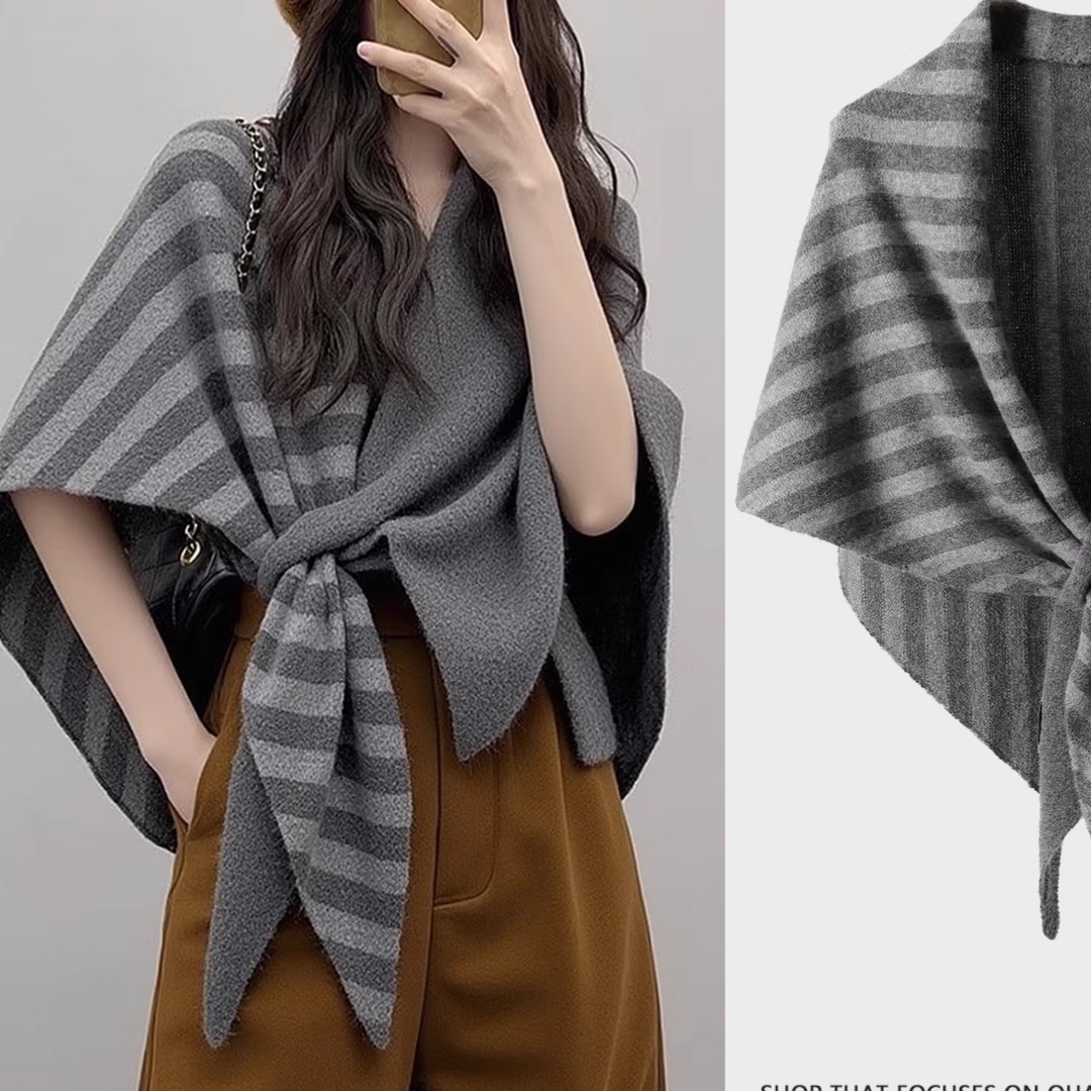 高级感条纹含羊毛三角围巾披肩女