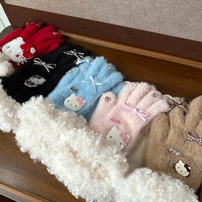 实拍韩系可爱kt猫毛绒手套女冬季