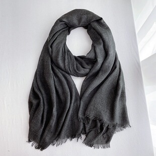 春秋冬季薄款男士围巾深灰色百搭黑色纯色棉麻年轻人围巾男女休闲