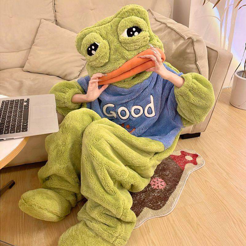 儿童睡衣女童冬季男童珊瑚绒睡袋抽象搞怪青蛙男女孩法兰绒家居服