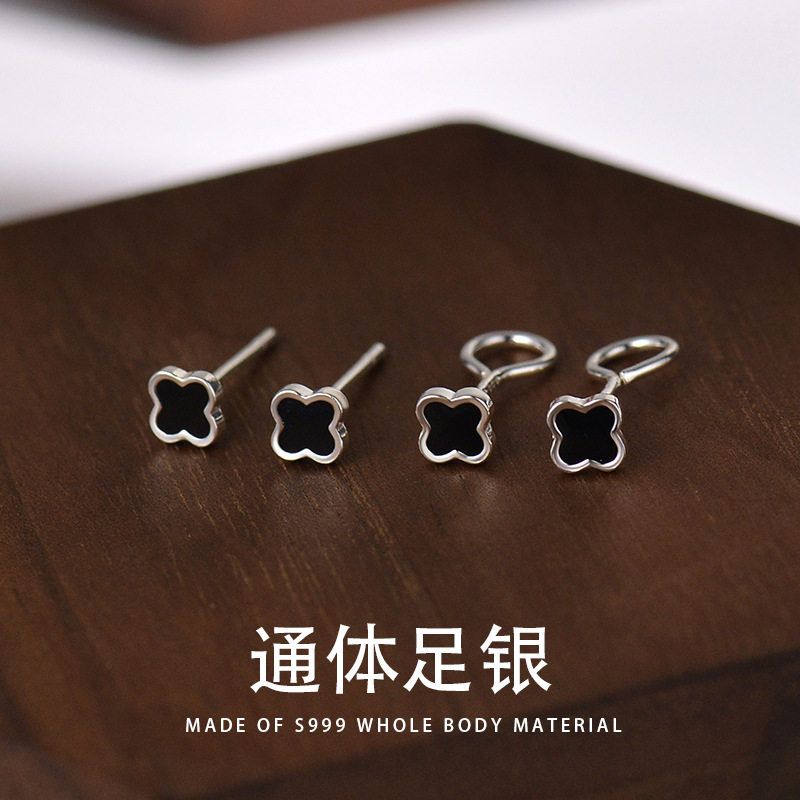 S999纯银四叶草耳钉女士小众耳钉