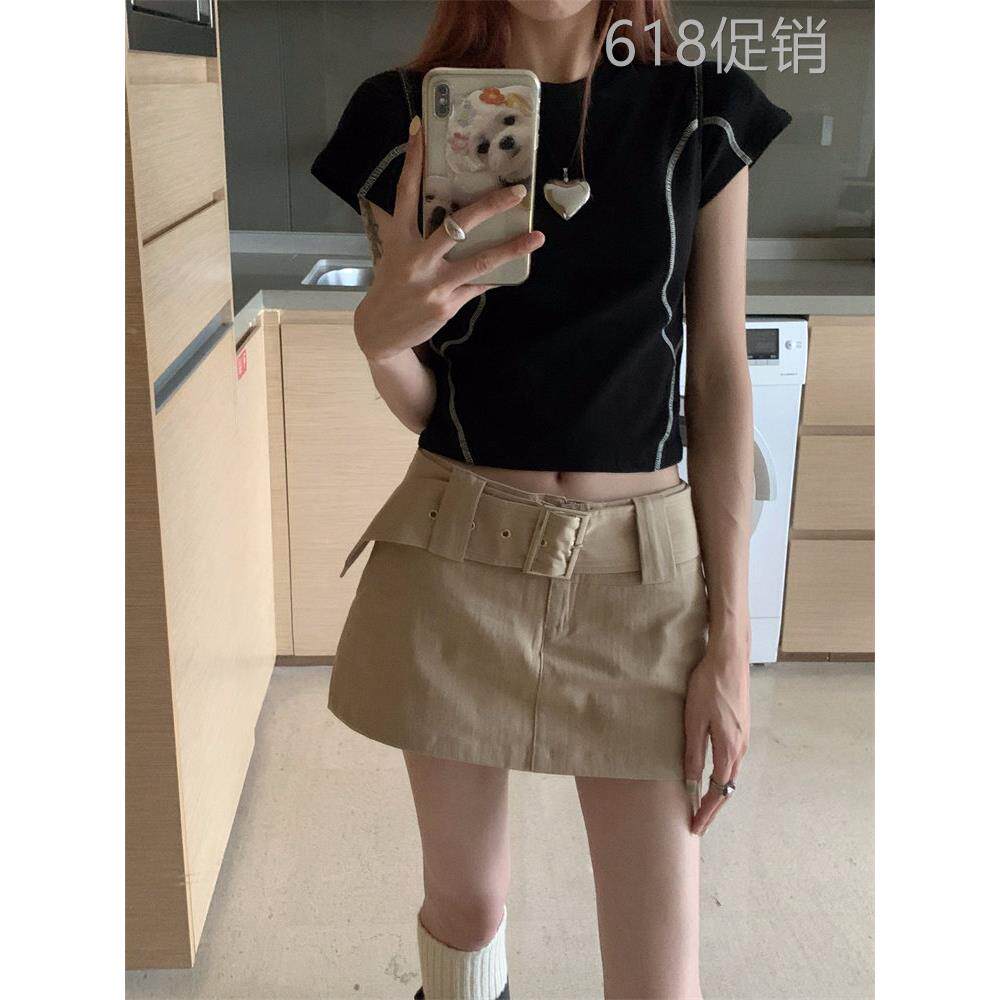 大尺码港风辣妹卡其色工装短裙女夏季设计感小众高腰显瘦包臀半身