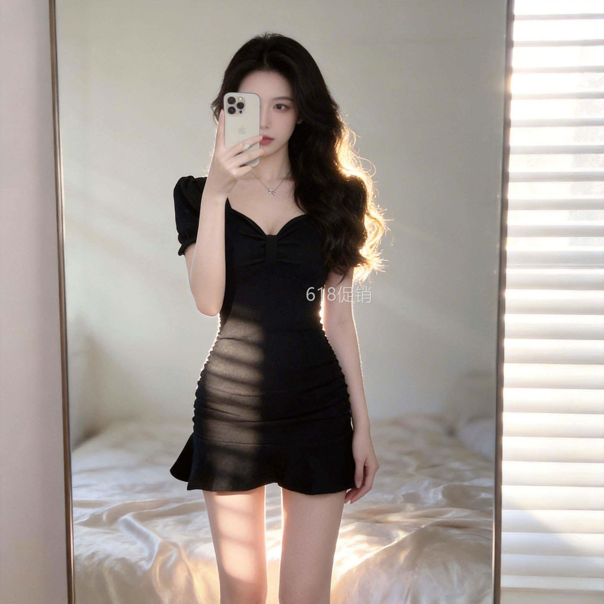 主播上镜衣服绝美黑色短裙女气质女神范生日小礼服短款鱼尾连衣裙
