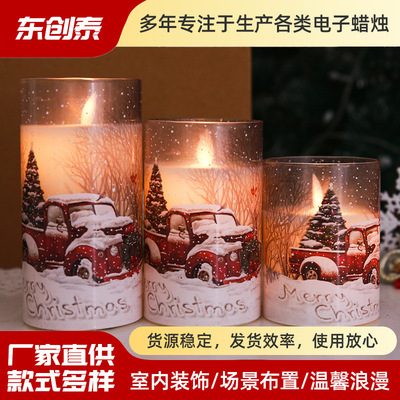 圣诞节蜡烛灯玻璃杯贴花圣诞元素蜡烛雪地红车松树LED电子仿蜡烛