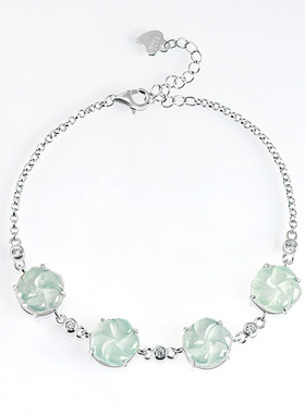 翠莹福正品天然A货翡翠蓝水冰种梅花S925银镶手链玉石女款B207