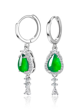 翠莹福天然A货翡翠阳绿水滴耳环耳饰冰种玉石S925银高档耳坠D764