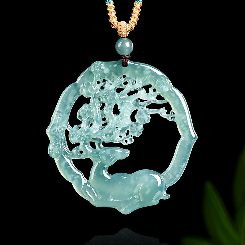 翠莹福翡翠蓝水鹿花踏雪寻梅吊坠