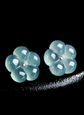 翠莹福天然A货翡翠蓝水梅花耳钉冰种玉石S925银古风女款耳饰 D338