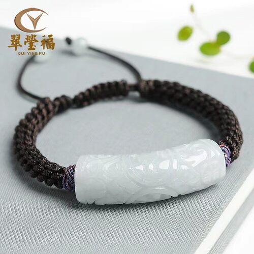 翠莹福天然A货翡翠雕花弯条手链编织绳时尚男女款情侣手绳SL30