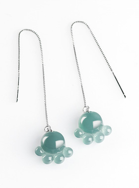 翠莹福天然A货翡翠耳线蓝水猫爪S925银冰种玉石可爱女款耳饰D362