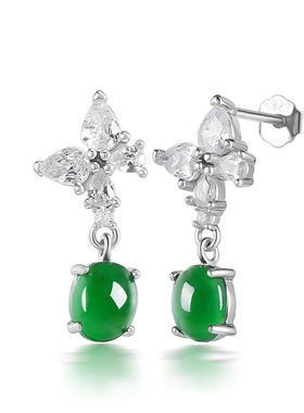 翠莹福天然A货翡翠阳绿耳环蛋面冰种玉石S925银女款高档时尚 D899