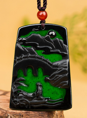 翠莹福天然墨翠a货翡翠墨玉山水牌玉石冰种吊坠玉佩男女款C249