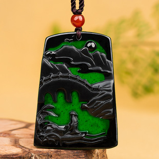 翠莹福天然墨翠a货翡翠墨玉山水牌玉石冰种吊坠玉佩男女款 C249