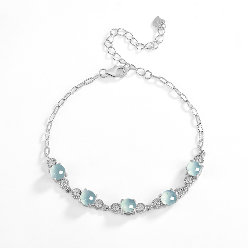 天然A货翡翠冰种蓝水蛋面银手链