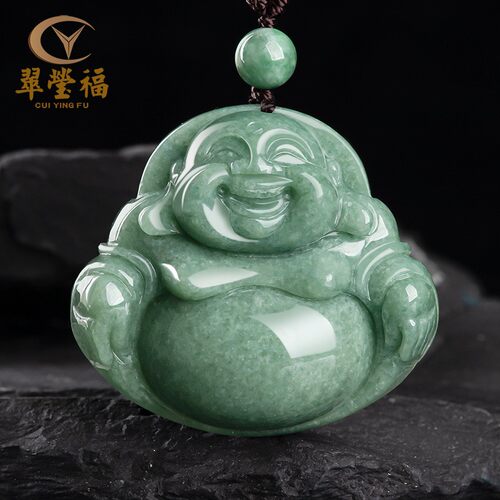 翠莹福天然a货翡翠豆绿佛公弥勒佛玉石吊坠男女款保平安挂件FG34