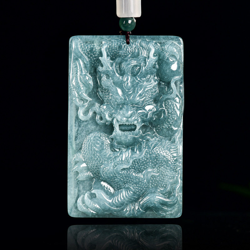 天然a货翡翠蓝水生肖龙霸气龙牌