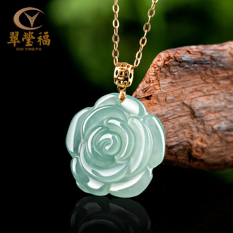 翠莹福翡翠玫瑰花吊坠18K金扣头