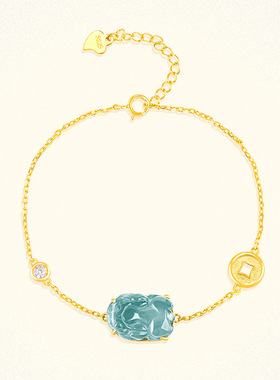 翠莹福天然A货翡翠蓝水貔貅S925银镶手链冰种玉石男女款高档D753