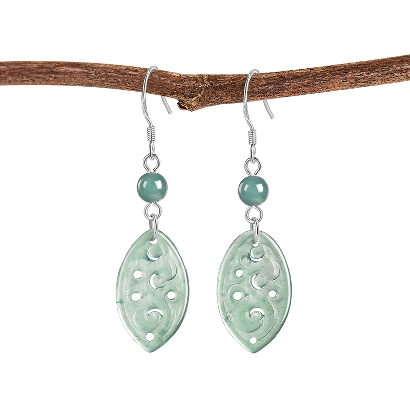 天然A货翡翠蓝水仿古雕花银耳饰