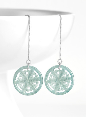 翠莹福天然翡翠A货蓝水雪花耳线S925银镶冰种玉石女高档耳饰D044