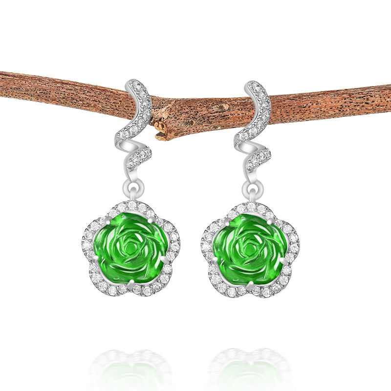 天然翡翠阳绿玫瑰花S925银镶耳环
