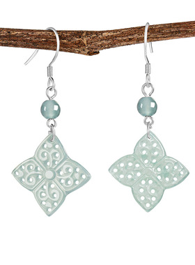 翠莹福天然A货翡翠蓝水镂空雕花耳环S925银冰种玉石女款耳饰D798