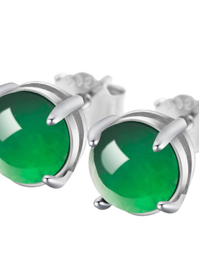 翠莹福天然A货翡翠蛋面阳绿耳钉冰种玉石时尚S925银镶嵌耳饰D736